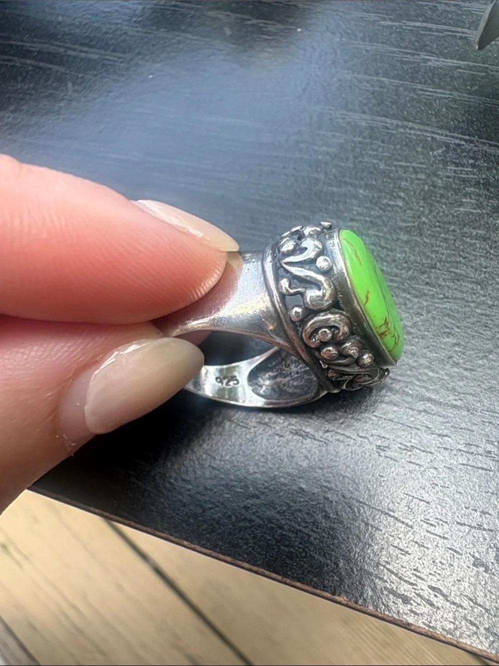 Vintage Bohemian Green Turquoise  Sterling Silver Statement Ring - Size 7.75